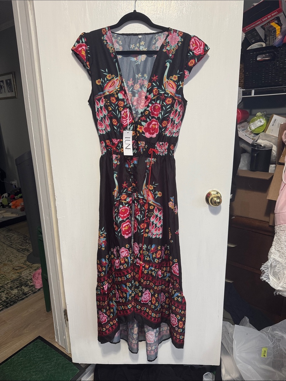 Floral V-Neck Black Maxi Dress with Pink & Red Accents